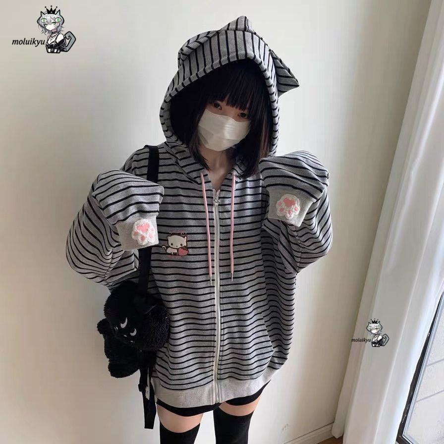 Embroidery Zip Up Hoodie - Женская полосатая куртка на молнии в